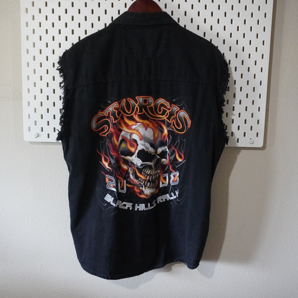 Sturgis 2008 Sleeveless Denim Shirt Black Hills Rally Skull Flames Bikers Edge M